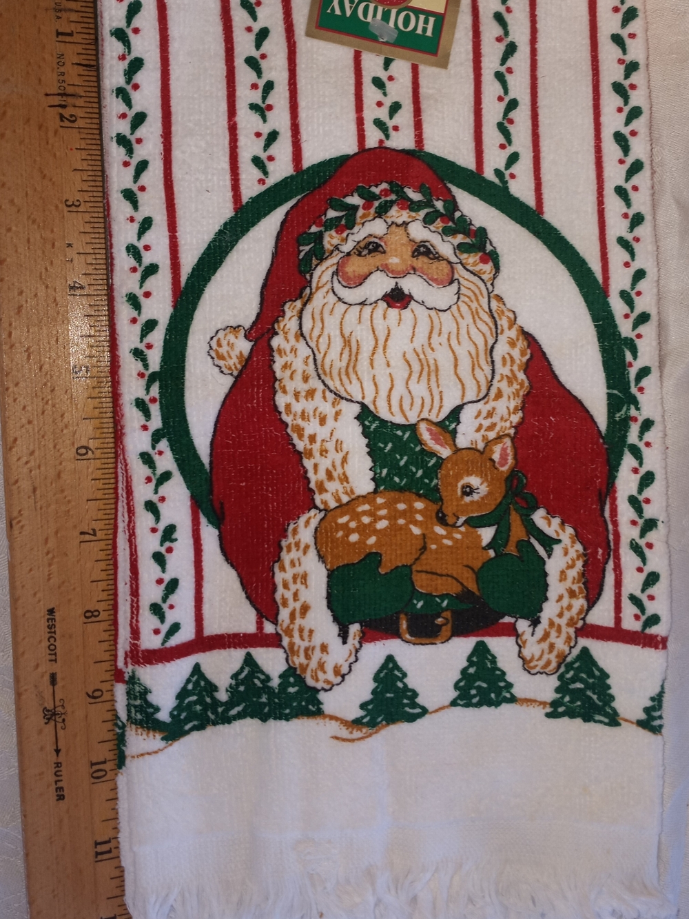 Holiday Santa & Fawn Decorative Kitchen Towel - Red, Green, White